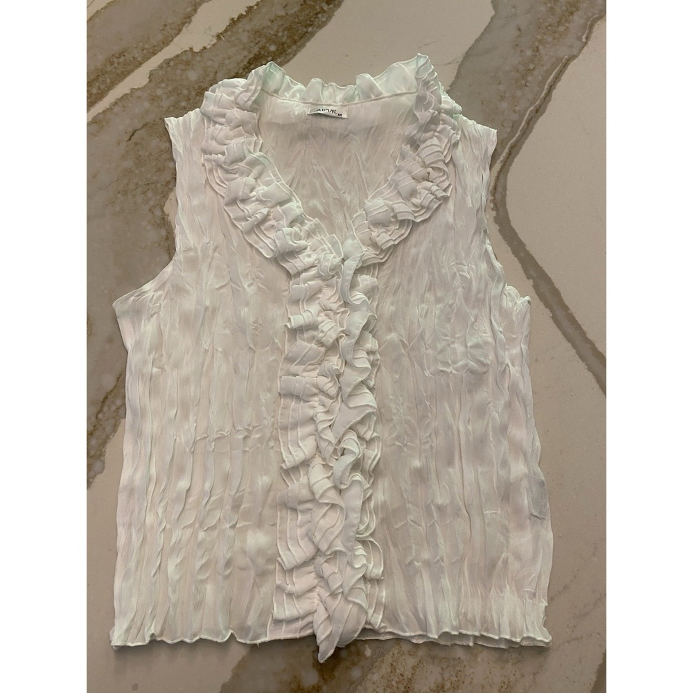 JAIPUR Womens Medium Off White Crinkled Ruffle V-Neck Sleeveless Tank Top Blouse